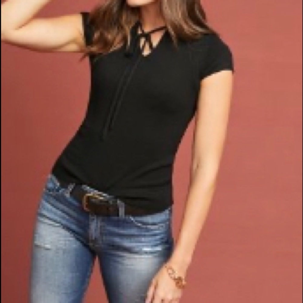 Anthropologie Eittwa Cap Sleeve Tie Neck sweater Black